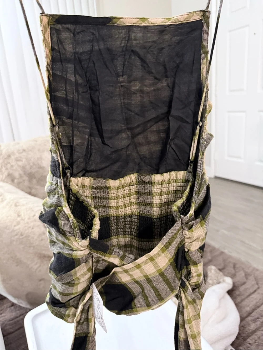 Free People Olive Green and Black Plaid Ruched Tank Top